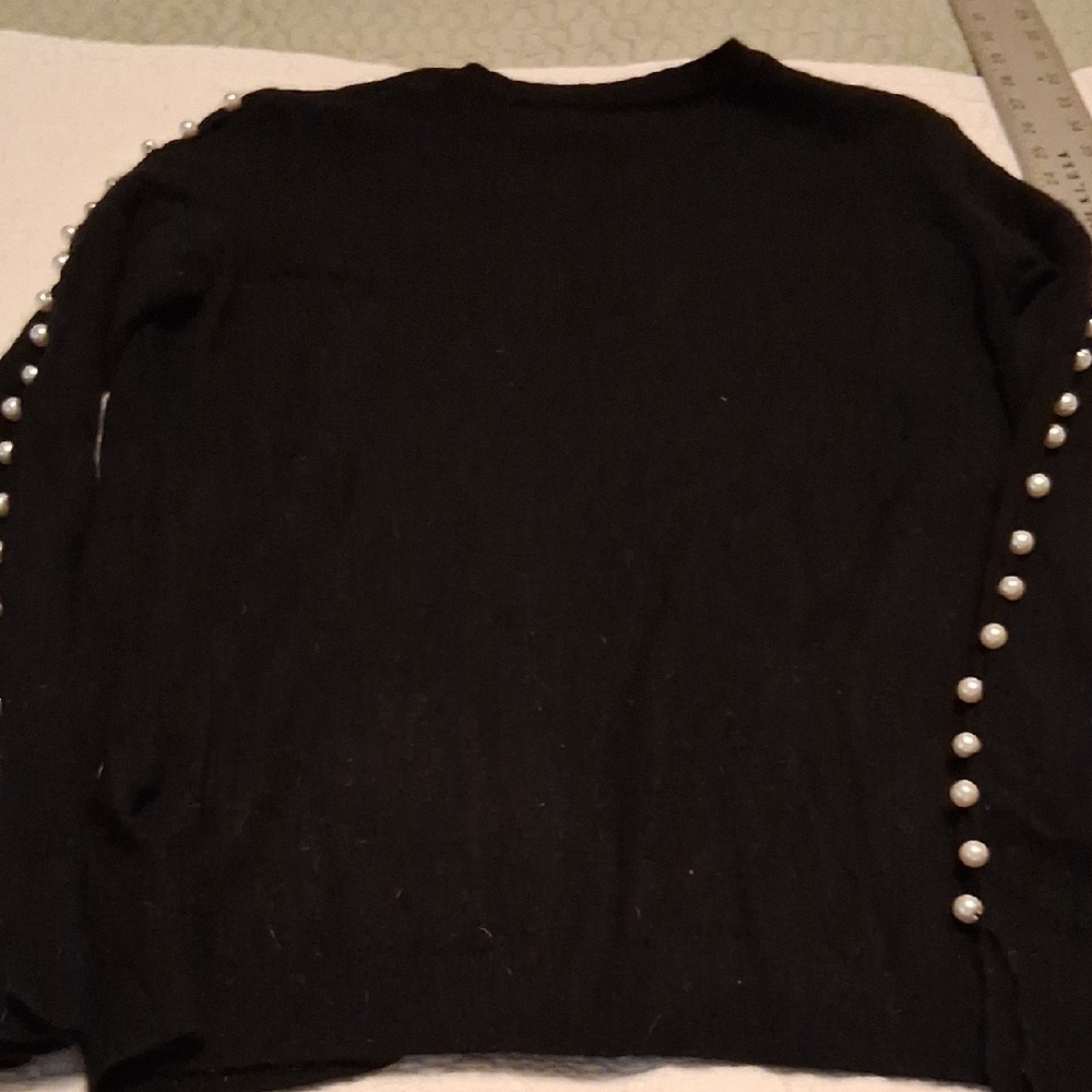 Luxe Belle France Black Cashmere Crew Neck Sweater With Pearl Sleeve Accents - Picture 10 of 11